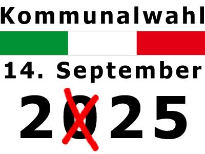 Text "Kommunalwahl 14. September 2025" mit einer quer gelegten Landesflagge von Nordrhein-Westfalen. Ein rotes Kreuz überlagert die Null im Jahr 2025.
