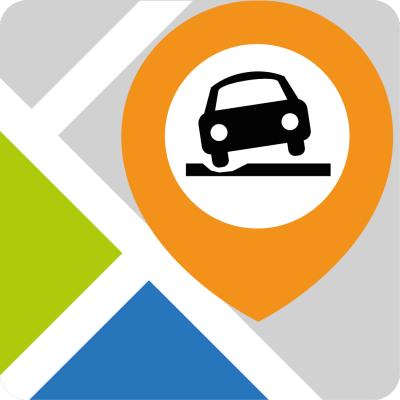Medoo App Logo, zeigt ein stilisiertes schwarzes Auto auf einer unebenen Straße innerhalb einer orangefarbenen Standortmarkierung vor einem stilisierten Kartenhintergrund in Grau, Grün und Blau.