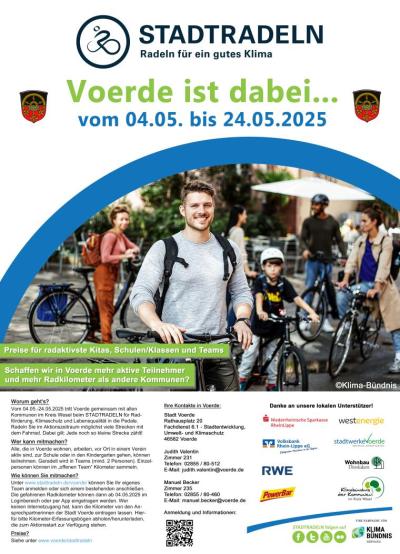 Werbeplakat für STADTRADELN - Radeln für ein gutes Klima. Voerde ist dabei vom 04.05. bis 24.05.2025. Das Poster zeigt, was es zu gewinnen gibt, worum es geht, wer mitmachen kann und wie man sich anmelden kann. Die Kontaktdaten der Ansprechpartner sind ebenso aufgeführt wie die lokalen Unterstützer in Voerde. Unten rechts ist das Logo der Klima-Bündnis-Kampagne abgebildet.