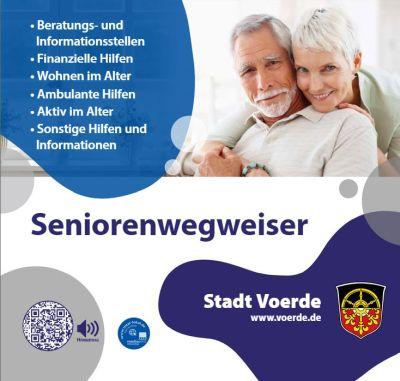 Titelbild Seniorenwegweiser. Auf der rechten Seite ist ein älteres Paar zu sehen, das sich lächelnd umarmt. Links stehen die Themen des Wegweisers: Beratungs- und Informationsstellen, Finanzielle Hilfen, Wohnen im Alter, Ambulante Hilfen, Aktiv im Alter und Sonstige Hilfen und Informationen. Unten mittig steht der Titel „Seniorenwegweiser“. Rechts unten ist das Wappen der Stadt Voerde mit der Webadresse www.voerde.de. Links unten befinden sich ein QR-Code mit Hörbeitrag-Symbol und ein Medienhaus-Logo.