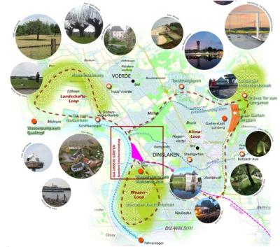 Karte des IGA-Standorts Emschermündung mit einem Stadtplanausschnitt von Voerde, Dinslaken und Walsum. Die Emschermündung ist pink markiert. Drei angrenzende Bereiche sind rot gestrichelt umrandet: oben das Landschafts-Loop Löhnen, rechts das Klima-Loop Dinslaken, unten das Wasser-Loop in Walsum. 15 runde Fotos zeigen Eindrücke aus den markierten Bereichen.