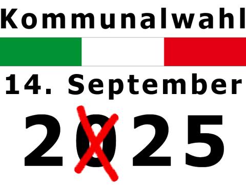 Text "Kommunalwahl 14. September 2025" mit einer quer gelegten Landesflagge von Nordrhein-Westfalen. Ein rotes Kreuz überlagert die Null im Jahr 2025.